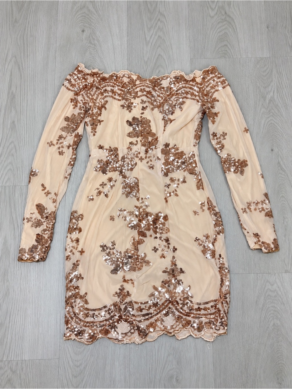 Hot Miami Styles Rose Gold Sequin Off-Shoulder Long Sleeve Dress